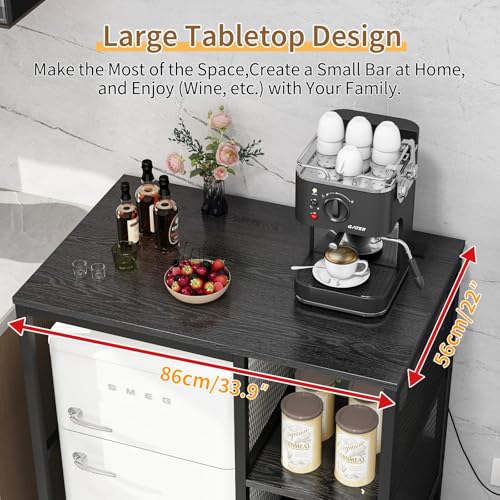Kitchen Mini Fridge Stand with Power Outlet and Mesh Storage Drawer, Black