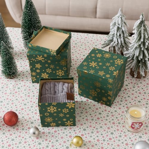 Soul & Lane Christmas Nesting Gift Boxes with Lids - Emerald Snowfall Set of 3, Green Holiday Decor
