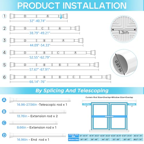 Adjustable Spring Tension Curtain Rod (32-76 Inch) - No Drilling, White