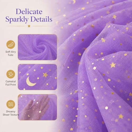 Purple Star Moon Bed Canopy for Kids Room, Sheer Tulle Drape 60x158 Inches