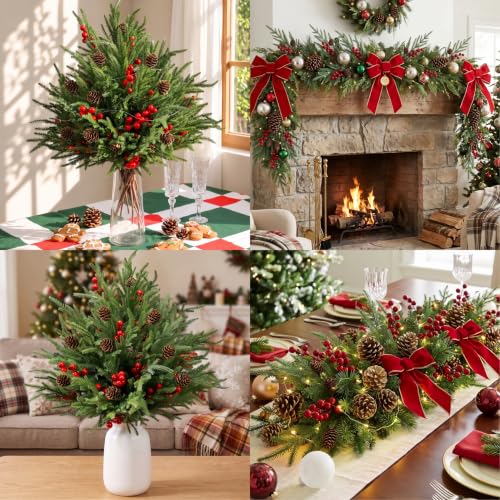 Auihiay 24Pcs Outdoor Faux Christmas Pine Branches with Warm White LED Lights - Green