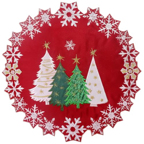 Tenerdy 15in Round Christmas Tree Placemats Set of 4 Embroidered Snowflakes, Red