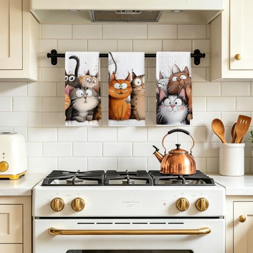 3-Piece Cute Cat Kitchen Towel Set, Soft Microfiber Absorbent Dish Cloths
