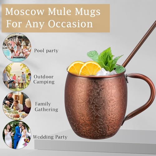 Red Copper Moscow Mule Mugs Set of 2 - 18 Oz Copper-Plated Stainless Steel Cocktail Cups for Cold Drinks, Beer, Wine, Bars & Parties