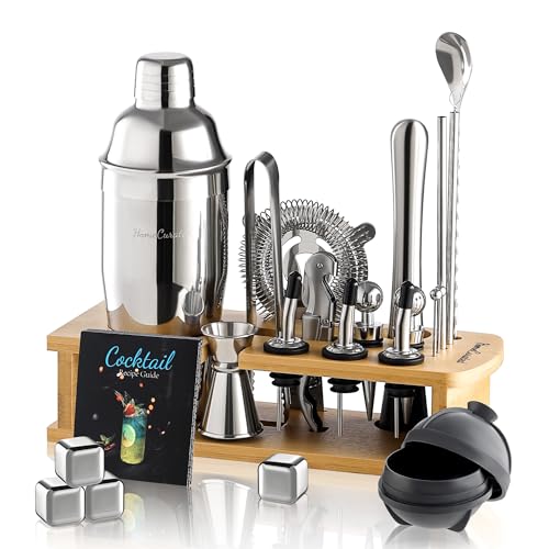 HomeCurated 24-Piece Cocktail Shaker Set with Stand & Accessories — Professional Bartender Kit for Home Bar, Silver