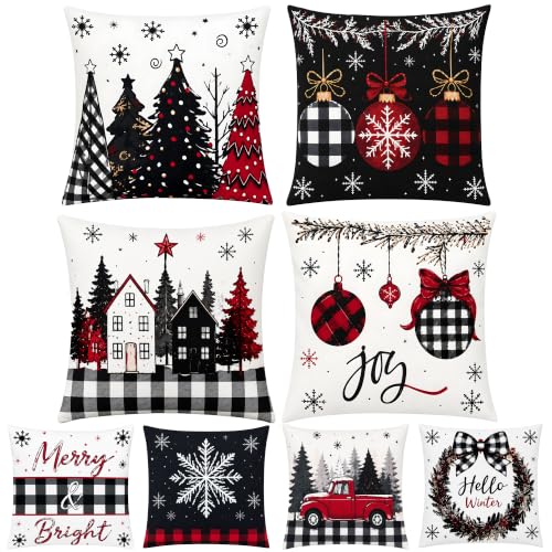 OHOME Christmas Decorations - Set of 4 Double-Sided Print Pillow Covers, Red & Black