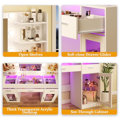 Makeup Vanity Desk with Mirror, LED Lights, Power Outlet and Storage
