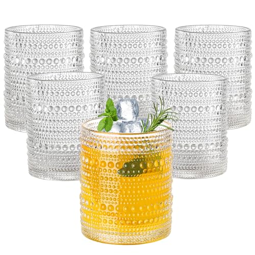 Hobnail Drinking Glasses Set of 6, 12oz Vintage Embossed Glass Tumblers