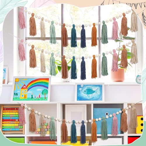 3 Pcs Boho Wood Bead Tassel Garland - Decorative Wall Hanging Decor