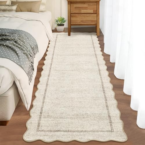 Scalloped Washable Runner Rug 2x6, Non-Slip Beige Kitchen & Hallway Rug