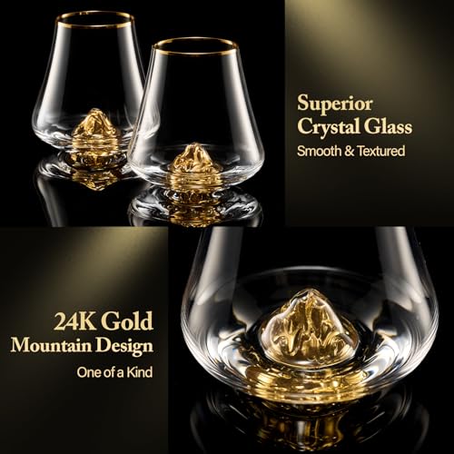 DUJUST Classic Whiskey Glass Set of 6 with 24K Gold Mountain, 8oz Crystal Old Fashioned Glasses for Bourbon & Cognac