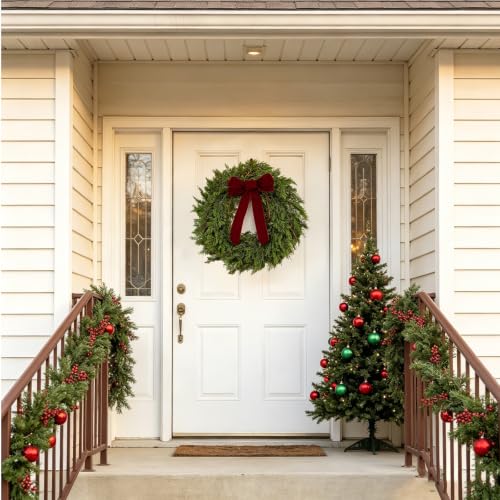 DN Deconation 22in Christmas Wreath with Green Foliage & Burgundy Velvet Bow — Front Door