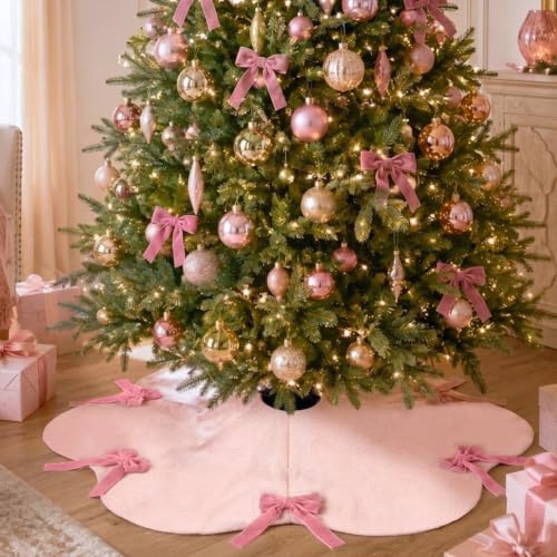 Syhood 30 Inch Pink Velvet Christmas Tree Skirt with Scalloped Edge & Bow (Pink, 30 Inch)
