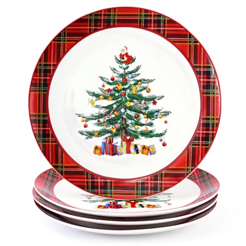 Homlouue Ceramic Christmas Tree Dinner Plates Set of 4, 10.5'' Christmas Tree & Santa Design, Red Plaid Edges