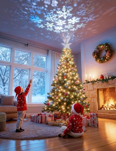 Lighted Christmas Tree Topper - 3D Silver Star with LED Snowflake Projector