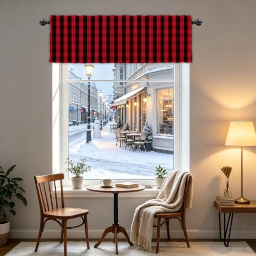 54x18 Inch Christmas Red Black Buffalo Check Valance with Rod Pocket