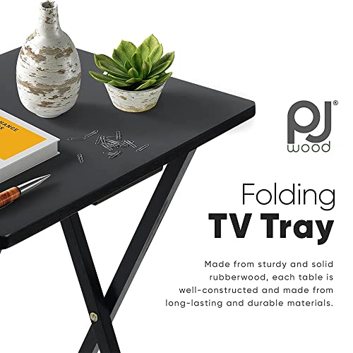 Folding TV Tray Table Set of 2 - Solid Wood Snack Tables with Storage Rack