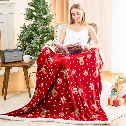 Ramees Christmas Throw Blanket - Cozy Fleece Holiday Blanket with Reindeer & Snowflakes