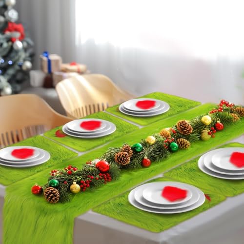 Christmas Lime Green Faux Fur Table Runner & Placemats Set - Holiday Decor