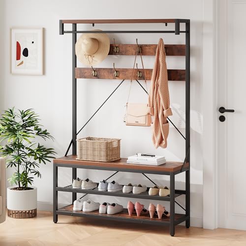Industrial Hall Tree with Bench and Shoe Storage, 8-Hook Entryway Organizer