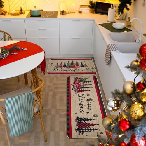 Christmas Kitchen Mats Set of 2 - Truck & Tree Runner Rugs, Brown