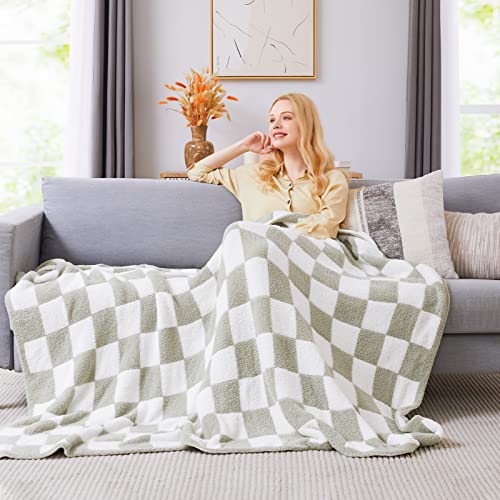 Soft Checkered Throw Blanket - Cozy Sage Green Knitted Couch Blanket (50x70)