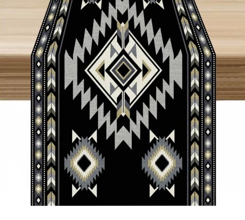GMLOV 13x60in Black Aztec Table Runner Ethnic Southwest Geometric Tribal Home Decor
