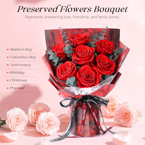 Preserved Red Rose Bouquet with Vase, 7 Real Roses for Anniversary Gift