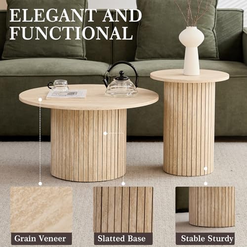 Round Nesting Coffee Table Set of 2, Modern Wood Accent Tables for Living Room
