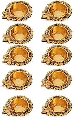 10 Pack Handmade Brass Lakshmi Deepak Oil Lamps for Diwali