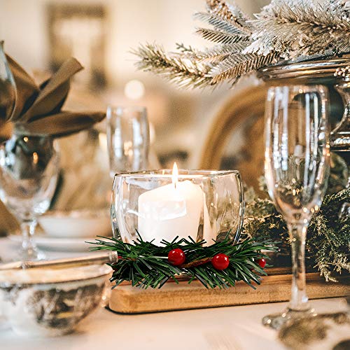 8-Pack Small Christmas Candle Ring Wreaths - Faux Red Berry Centerpieces