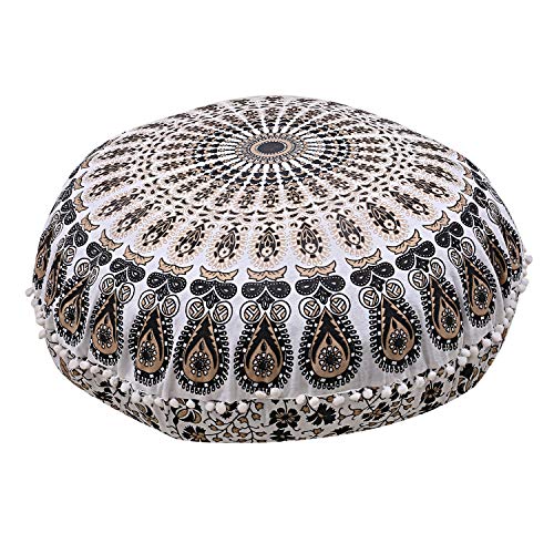 32-Inch Bohemian Mandala Floor Pillow Cover with Pom Pom Trim, Gold Black