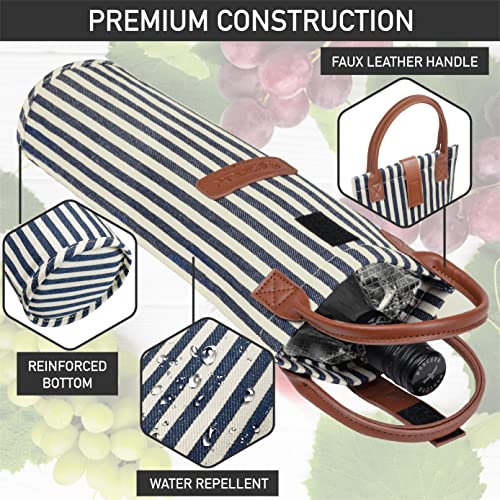 Insulated Single Bottle Wine Bag - Padded Thermal Cooler Tote, Navy Stripe