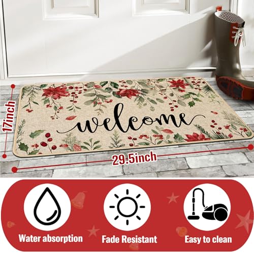 Ortiga Christmas Doormat Poinsettia Welcome Door Mat 17x29 Inches - Burlap Front 0.25" Low-Profile