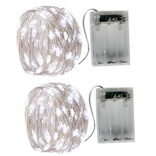 BXROIU 2 x 50LED Fairy Lights Battery Operated Silver Wire 16.4Ft Cool White for Bedroom & Holiday Decor