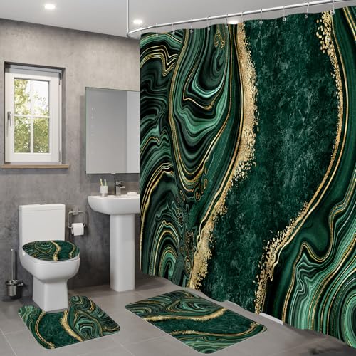 Emerald Green Marble 4-Piece Bathroom Decor Set with Shower Curtain & Rugs