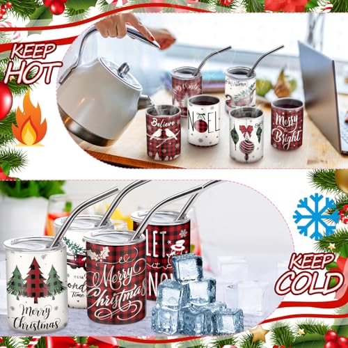 Roshtia Christmas Mini Shot Glass Set with Straw & Lid - 12 Pcs Festive Stainless Steel Tumblers