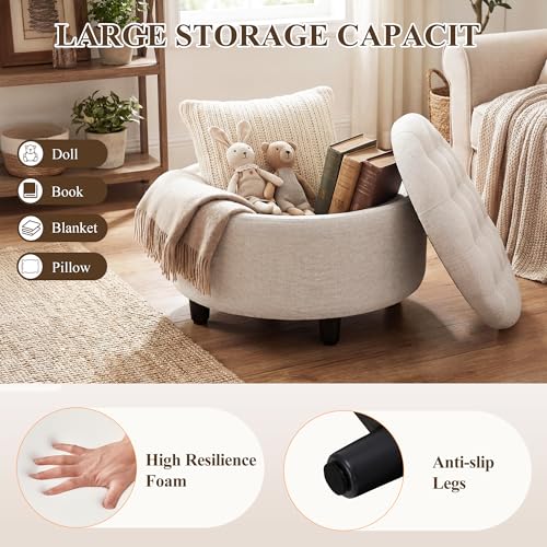 Round Fabric Storage Ottoman with Reversible Tray Lid, Beige