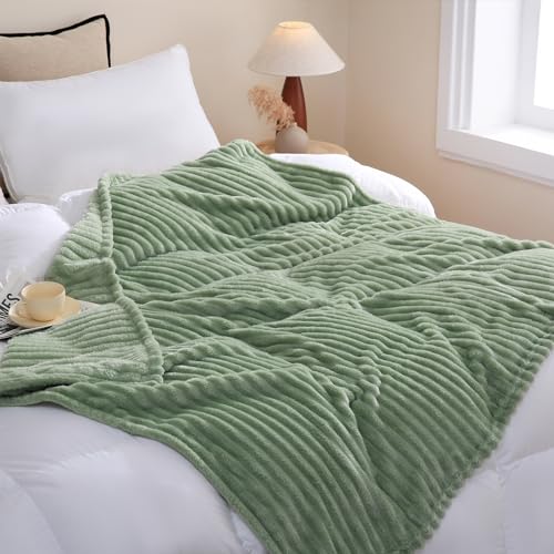 Sage Green Fleece Throw Blanket 50x60 Inches - Soft Striped Flannel