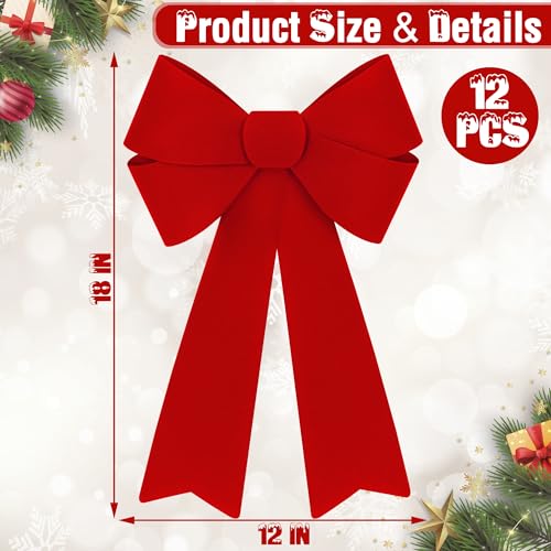 Heartome 12-Pack Red Velvet Xmas Bows, 12 x 18 in Outdoor/Indoor Glitter PVC for Doors, Fireplaces, Railings