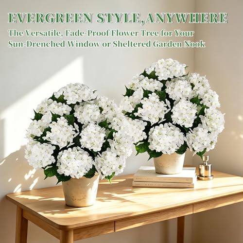 33" Artificial Hydrangea Topiary Ball Trees - 2 Pack UV Resistant Faux Shrubs