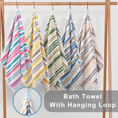 6-Piece Striped Cotton Towel Set with Hanging Loops, Gray and Beige