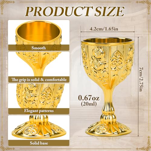 12-Piece Mini Vintage Metal Goblet Set, Gold Floral Embossed Shot Glasses