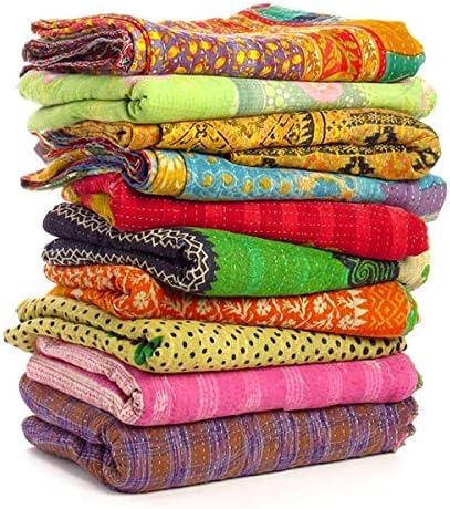 Reversible Kantha Quilt - Vintage Cotton Bedspread, 52x80 Inches
