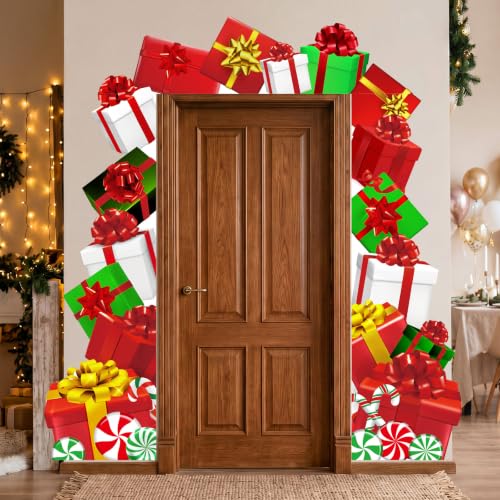 Peryiter 3-Piece Christmas Gift Box Door Decoration Set - Includes Header Banner 60x15 and Side Strips 70x21 (Holiday Gift Boxes)