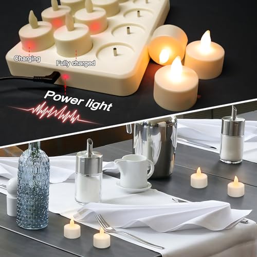 Yellow Rechargeable Tea Lights with Remote & Charging Base - 12pcs, 50+ Hour LED Flameless Candles for Wedding & Home Decor