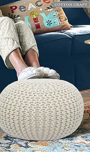 Hand Knitted Round Cotton Pouf - 20x14 Inch Ivory Floor Ottoman Footrest