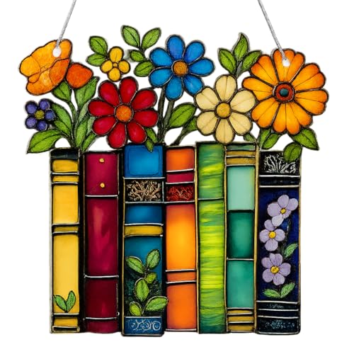 Book Lover Ornament, Acrylic Floral Book Suncatcher for Reading Enthusiasts