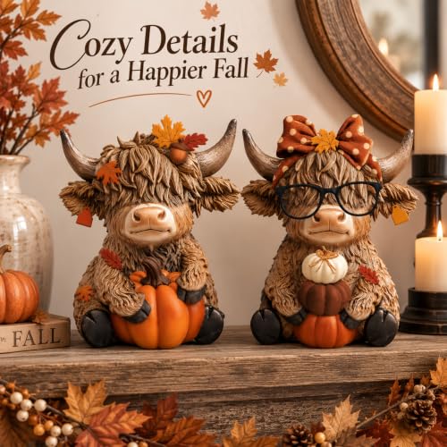 2 Pcs Highland Cow Figurines, Rustic Resin Autumn Tabletop Decor