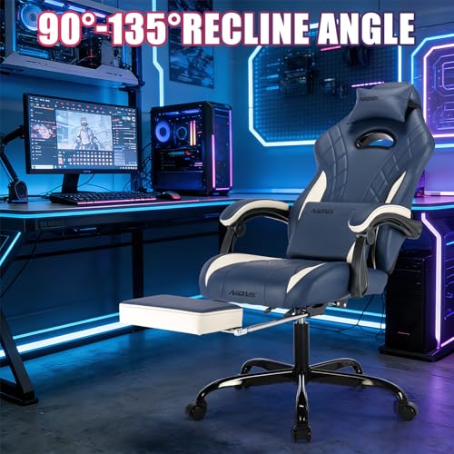 Ergonomic Gaming Chair with Footrest and Massage Lumbar Support - Blue